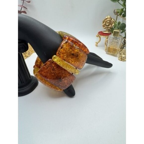 Chunky Ambar Lucite Necklace & Bracelet Large Glitter Set ArtDeco Styel 3 Tones - Picture 5 of 11